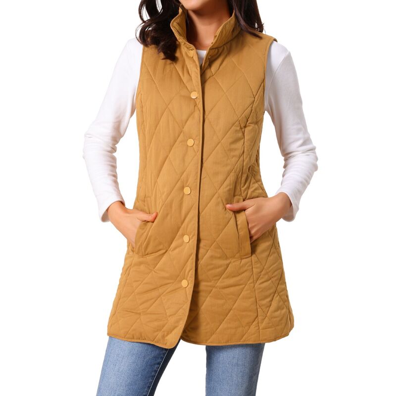 インスパイア 今めかしい レディース アウター 上衣・上衣 キルティング より良い ノースリーブ INSPIRE CHIC Women\u0027stand Collar Sleeveless Button Front Lightweight Quilted Longline Vest Jackets Brown 赤銅色