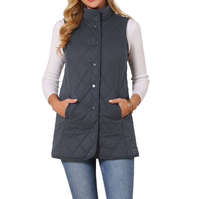 インスパイア 今めかしい レディース アウター 上衣・上衣 キルティング より良い ノースリーブ INSPIRE CHIC Women\u0027stand Collar Sleeveless Button Front Lightweight Quilted Longline Vest Jackets Dark Blue 青色