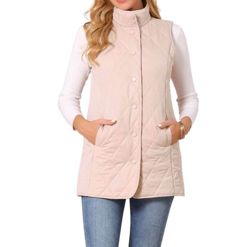 インスパイア 今めかしい レディース アウター 上衣・上衣 キルティング より良い ノースリーブ INSPIRE CHIC Women\u0027stand Collar Sleeveless Button Front Lightweight Quilted Longline Vest Jackets Dusty Pink サクラ色