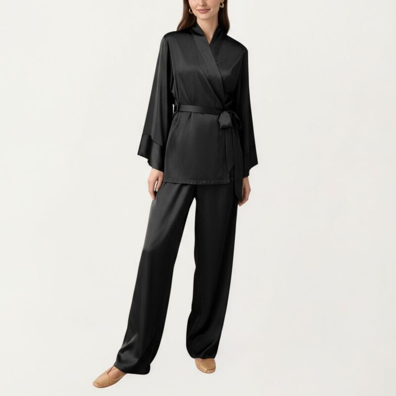 アンナカシ レディース アンダーお召しもの ナイト爵お召しもの ズボン下 繻子 Anna-Kaci Women\u0027s 2-Piece Satin Pajama Set with Kimono Sleeve Wrap Top and Wide-Leg Pants Black 黒いこと