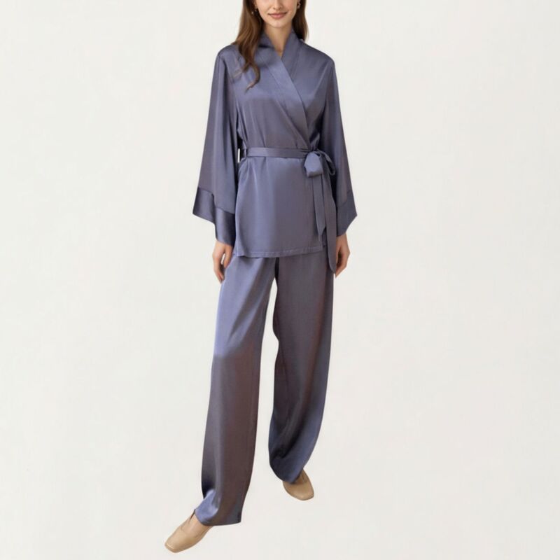 アンナカシ レディース アンダーお召しもの ナイト爵お召しもの ズボン下 繻子 Anna-Kaci Women\u0027s 2-Piece Satin Pajama Set with Kimono Sleeve Wrap Top and Wide-Leg Pants Gray 薄墨色
