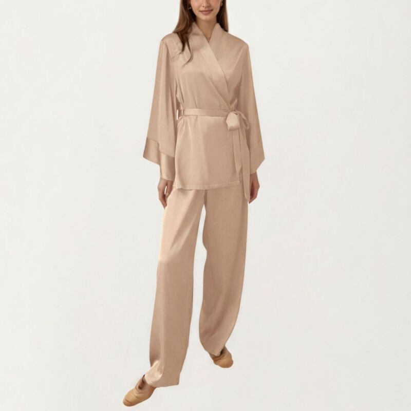 アンナカシ レディース アンダーお召しもの ナイト爵お召しもの ズボン下 繻子 Anna-Kaci Women\u0027s 2-Piece Satin Pajama Set with Kimono Sleeve Wrap Top and Wide-Leg Pants Khaki カーキ