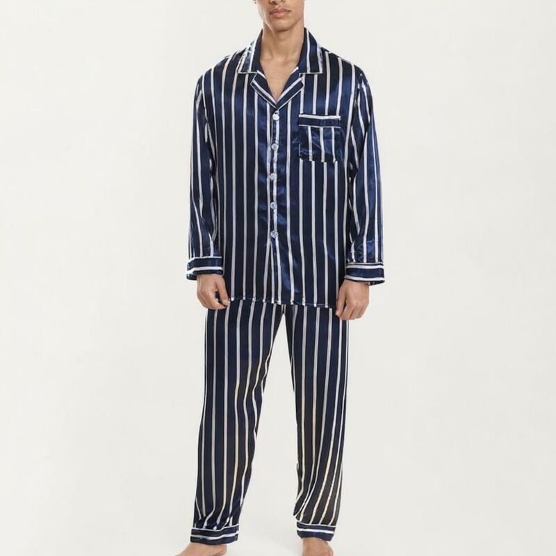 アンナカシ レディース アンダーお召しもの ナイト爵お召しもの 繻子 Anna-Kaci Men\u0027s 2-Piece Set Satin Pajamas with Vertical Stripe Pattern and Button-Up Top Navy 米国海軍
