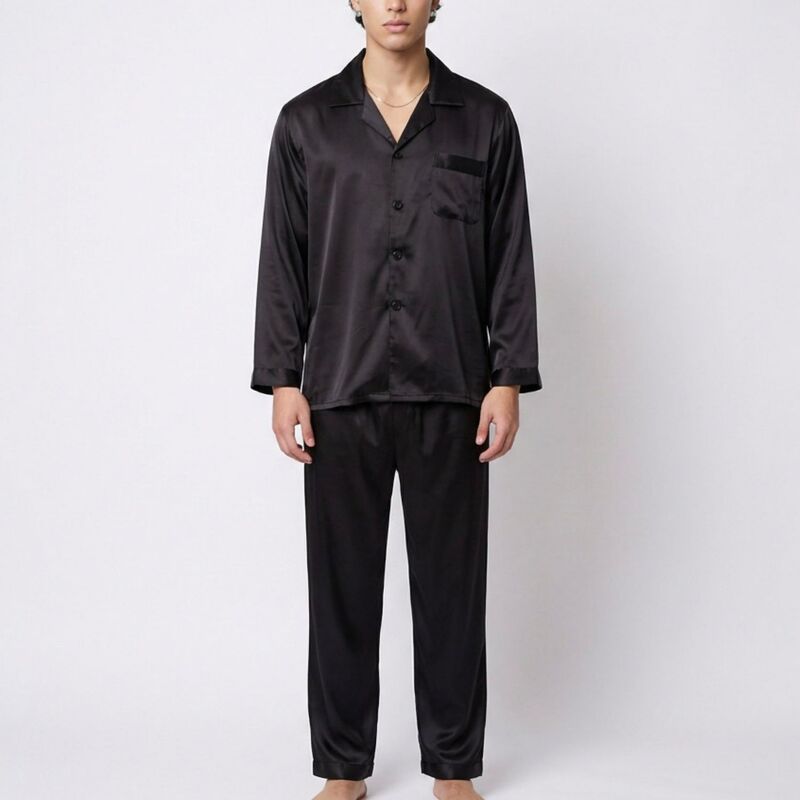 アンナカシ レディース アンダーお召しもの ナイト爵お召しもの 繻子 対比 Anna-Kaci Men\u0027s 2-Piece Set Satin Pajamas with Contrast Piping and Button-Up Top Black 黒いこと