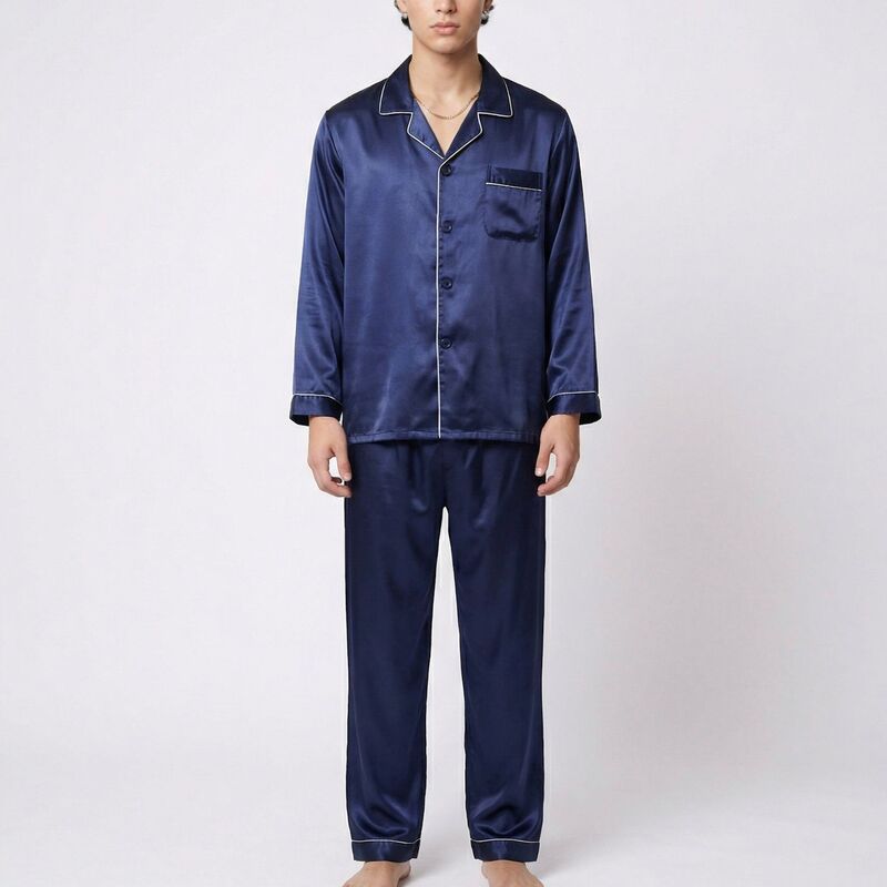 アンナカシ レディース アンダーお召しもの ナイト爵お召しもの 繻子 対比 Anna-Kaci Men\u0027s 2-Piece Set Satin Pajamas with Contrast Piping and Button-Up Top Navy 米国海軍