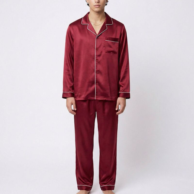 アンナカシ レディース アンダーお召しもの ナイト爵お召しもの 繻子 対比 Anna-Kaci Men\u0027s 2-Piece Set Satin Pajamas with Contrast Piping and Button-Up Top Red 赤いこと