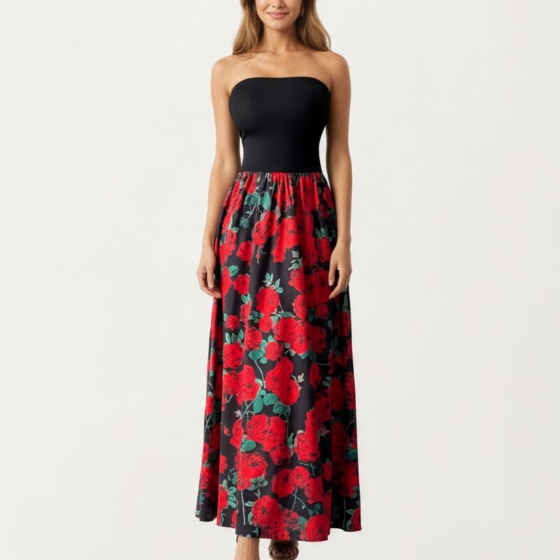 アンナカシ レディース トップス 衣装 御花柄 刷り上げる ストラップレスカート マキシ 御花 Anna-Kaci Women\u0027strapless Maxi Dress with Fitted Bodice and Floral Print Skirt Black 黒いこと