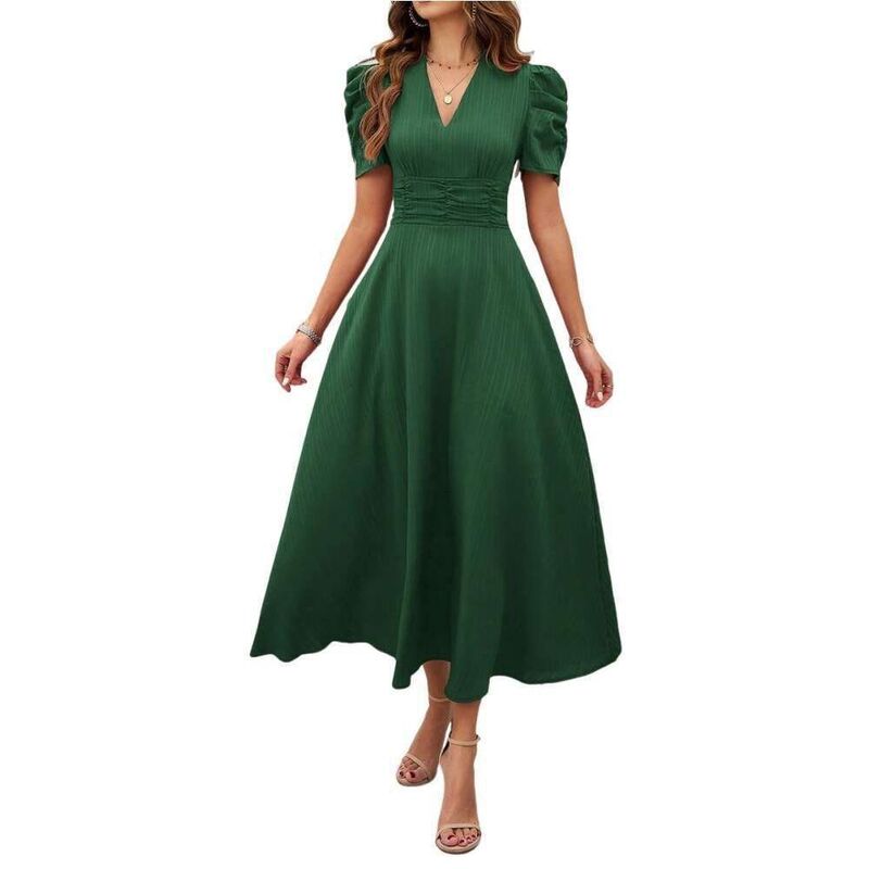 エリート肝ったま レディース トップス 衣装 MIDI 遊撃手ズボン下 EliteSpirit WomenSummerDressesVNeckShortSleeveALineDressElegant PlainWeddingGuest Midi Dress Olive Green 緑であること