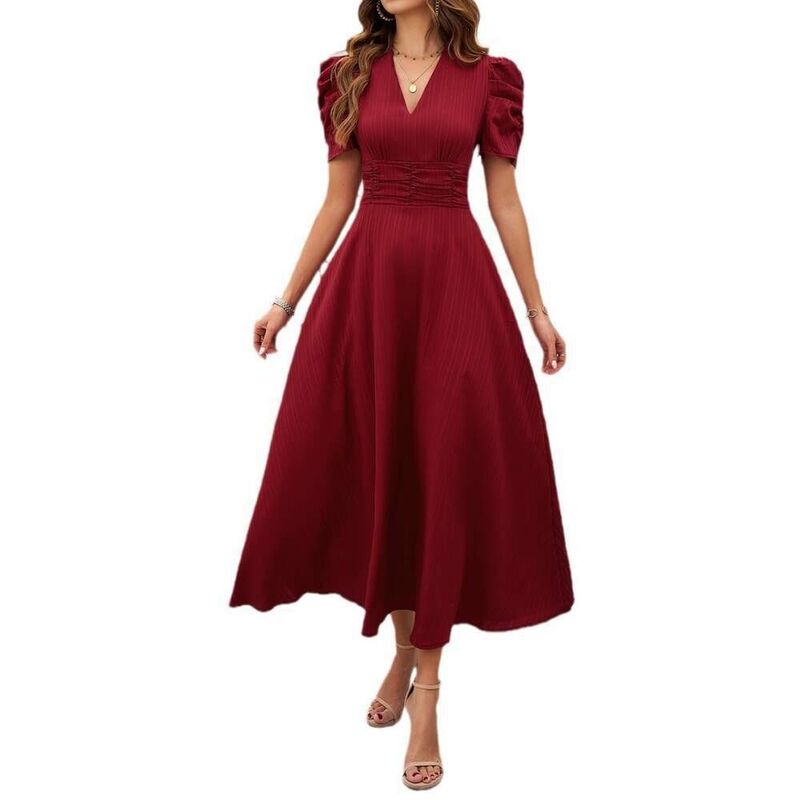 エリート肝ったま レディース トップス 衣装 MIDI 遊撃手ズボン下 EliteSpirit WomenSummerDressesVNeckShortSleeveALineDressElegant PlainWeddingGuest Midi Dress Red 赤いこと