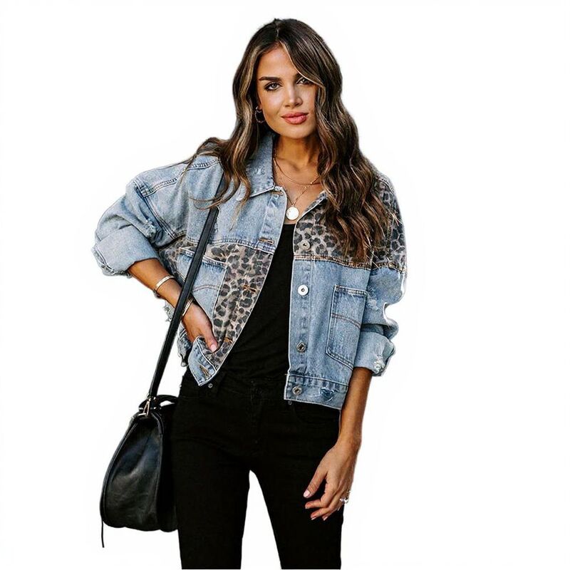 コジョイン レディース アウター 上衣・上衣 名取り草落ちこむ クロップド ジーンズ Kojooin Women Button Down Croppedistressedenim Jackets Leopard Print 毛の荒物