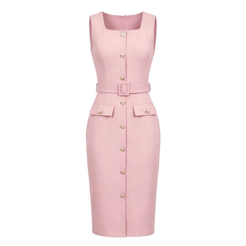 インスパイア 今めかしい レディース トップス 衣装 MIDI ノースリーブ INSPIRE CHIC Work Dress for Women\u0027sleevelessquare Neck Formal Belted Bodycon Midi Dress Pink サクラ色