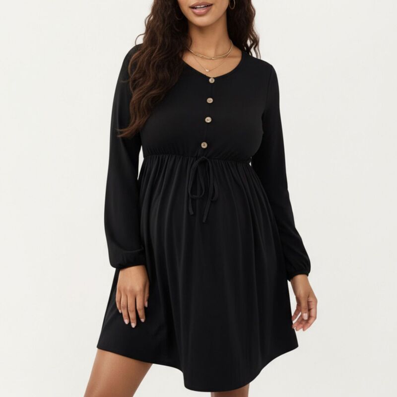 アンナカシ レディース トップス 衣装 マタニティ Anna-Kaci Women ’ s Maternity Dress with Long Sleevesoft Stretch Fabric Button Front Accents Black 黒いこと