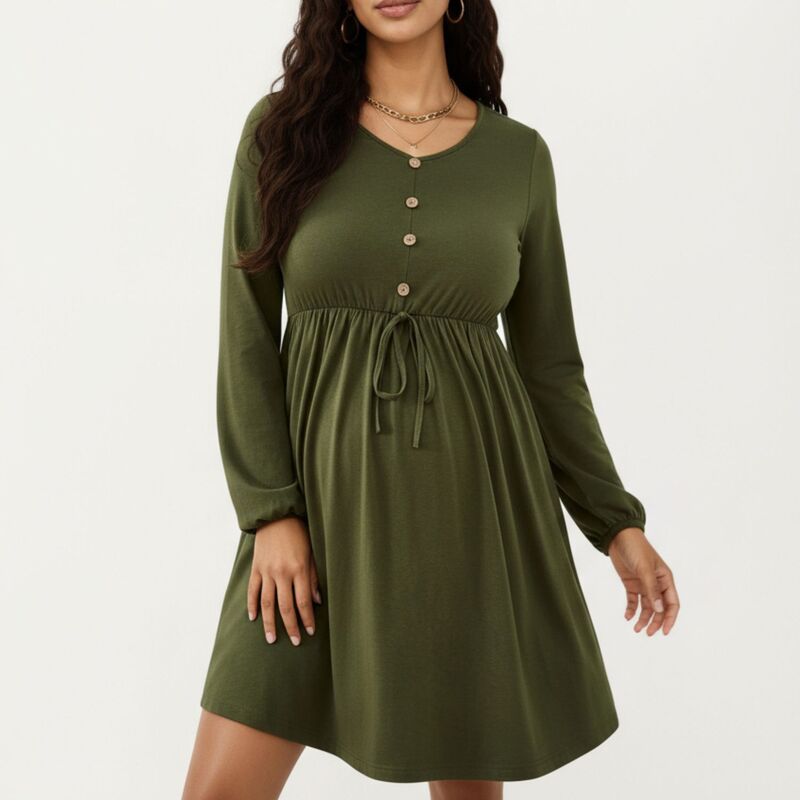 アンナカシ レディース トップス 衣装 マタニティ Anna-Kaci Women ’ s Maternity Dress with Long Sleevesoft Stretch Fabric Button Front Accents Olive Green 緑であること