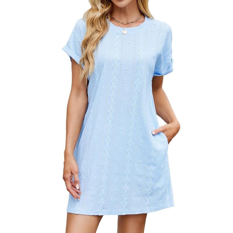 せつ然たる御花 レディース トップス 衣装 労働者の一団のど首 ミニ ClearFlower Women\u0027summer Casual Short Sleeve Mini Dressolid Color Loose Fit Crew Neck Pocket Short Dress Blue 青色