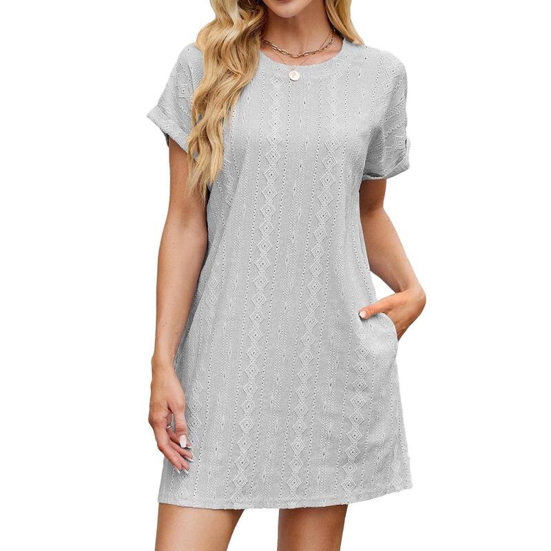 せつ然たる御花 レディース トップス 衣装 労働者の一団のど首 ミニ ClearFlower Women\u0027summer Casual Short Sleeve Mini Dressolid Color Loose Fit Crew Neck Pocket Short Dress Gray 薄墨色