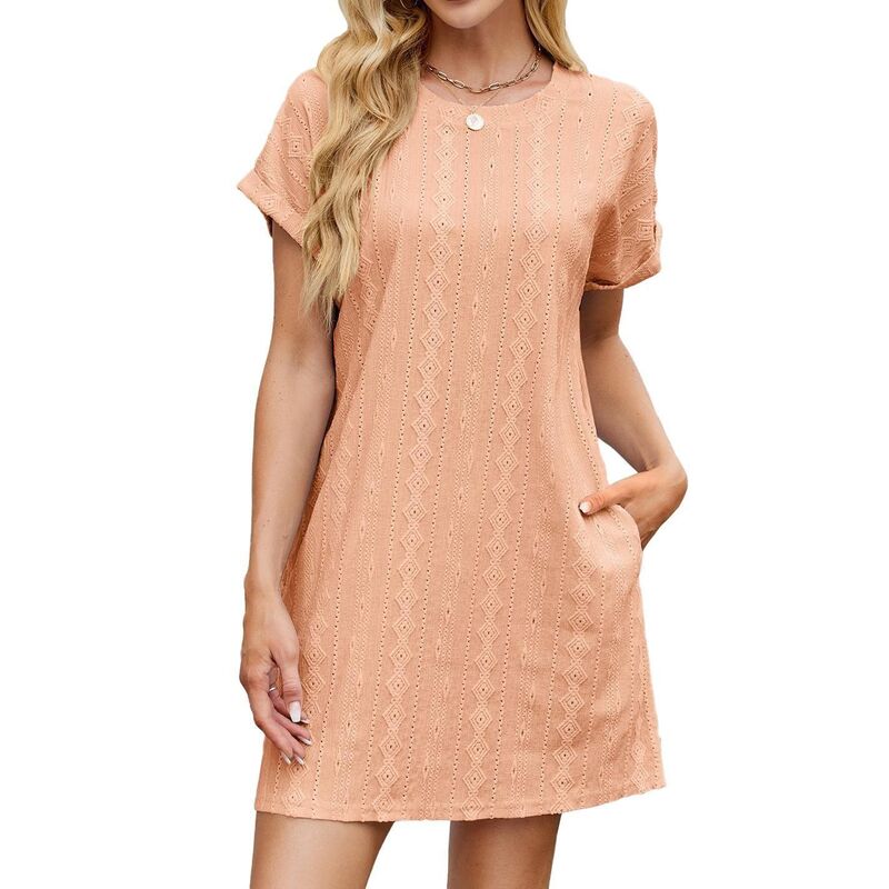 せつ然たる御花 レディース トップス 衣装 労働者の一団のど首 ミニ ClearFlower Women\u0027summer Casual Short Sleeve Mini Dressolid Color Loose Fit Crew Neck Pocket Short Dress Orange オレンジ色
