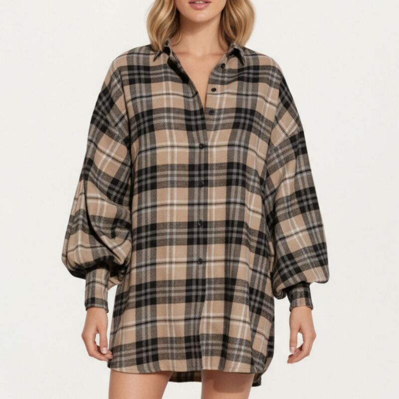 アンナカシ レディース トップス 衣装 軽気球捩り プルオーバー Anna-Kaci Women\u0027s Oversized Plaid Shirt Dress with Long Balloon Sleeves Button Front Collar Detail Brown 赤銅色