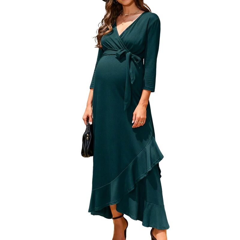 せつ然たる御花 レディース トップス 衣装 Vのど首 マタニティ マキシ ClearFlower Women\u0027s Maternity Wrap V-Neck Maxi Dress Casual 3/4 Sleeve Party Long Dress Dark Green 緑であること