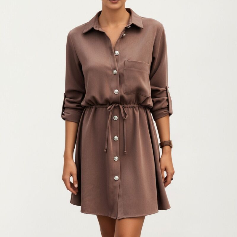 アンナカシ レディース トップス 衣装 ドローコードウエスト プルオーバー Anna-Kaci Women\u0027s Button Front Shirt Dress with Adjustable Sleevesoft Drawstring Waist Coffee 珈琲