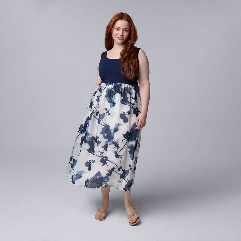 ヴェラウォン レディース トップス 衣装 足し加える大きさ MIDI Plusize Simply Vera Wang Mixed Media Midi Dress Navy Dye Bouquet 米国海軍