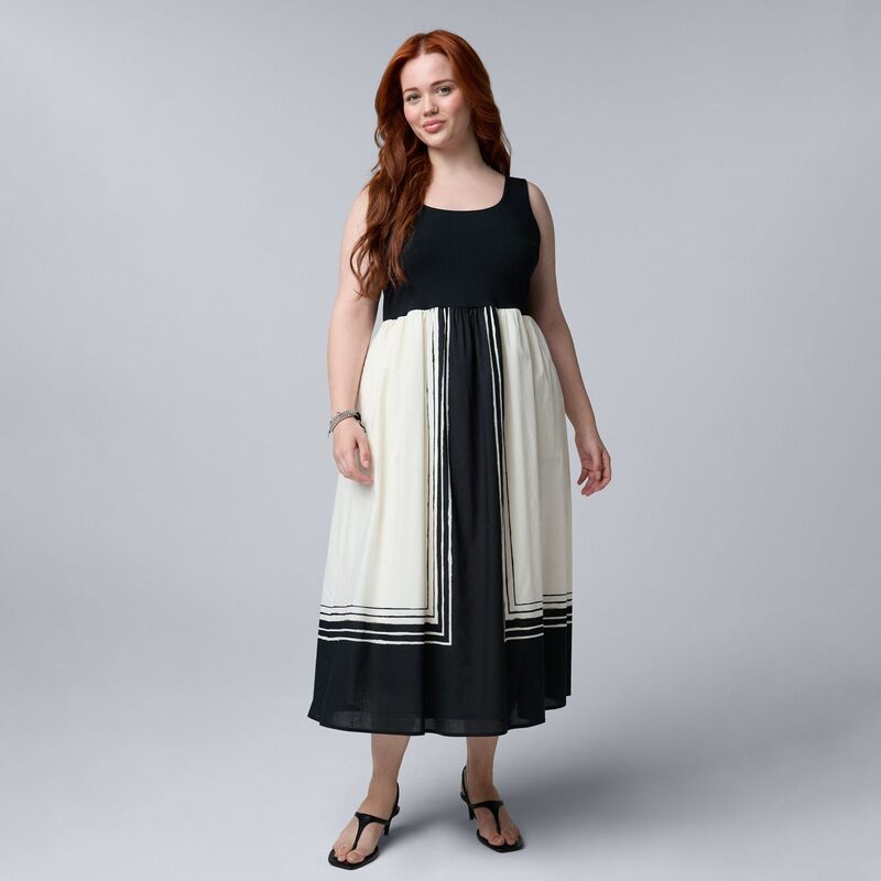ヴェラウォン レディース トップス 衣装 足し加える大きさ MIDI Plusize Simply Vera Wang Mixed Media Midi Dress Tan Black Border 黒いこと