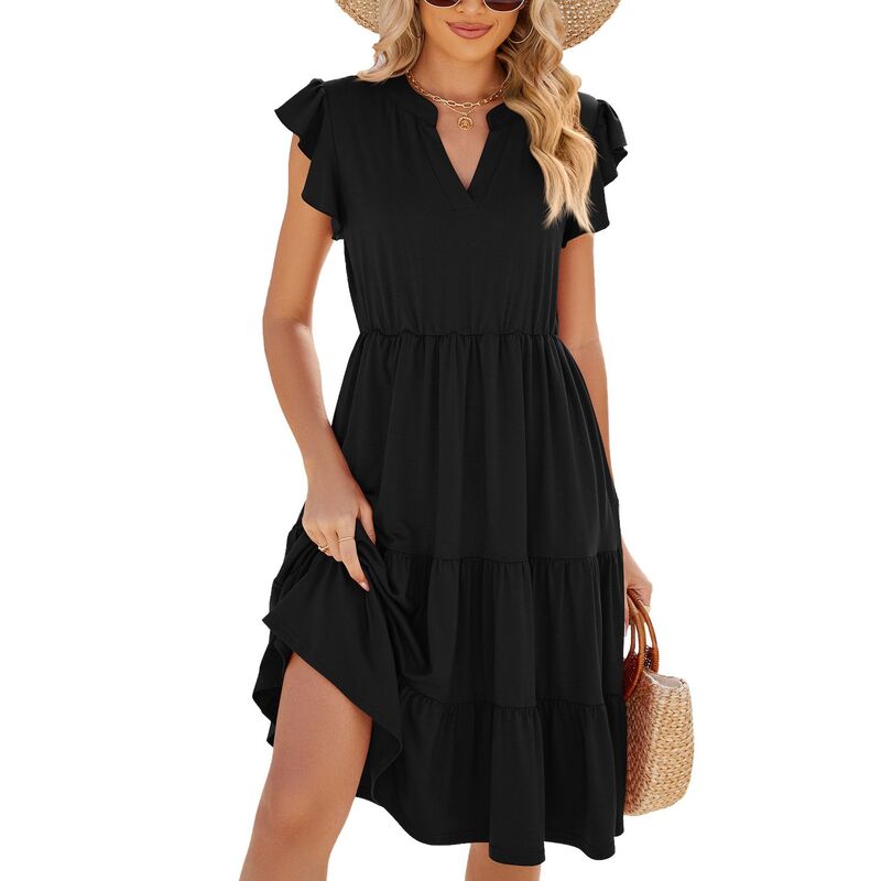 せつ然たる御花 レディース トップス 衣装 Vのど首 MIDI ClearFlower Women\u0027summer Midi Dresses V-Neck Flutter Sleeve Short Dress Black 黒いこと