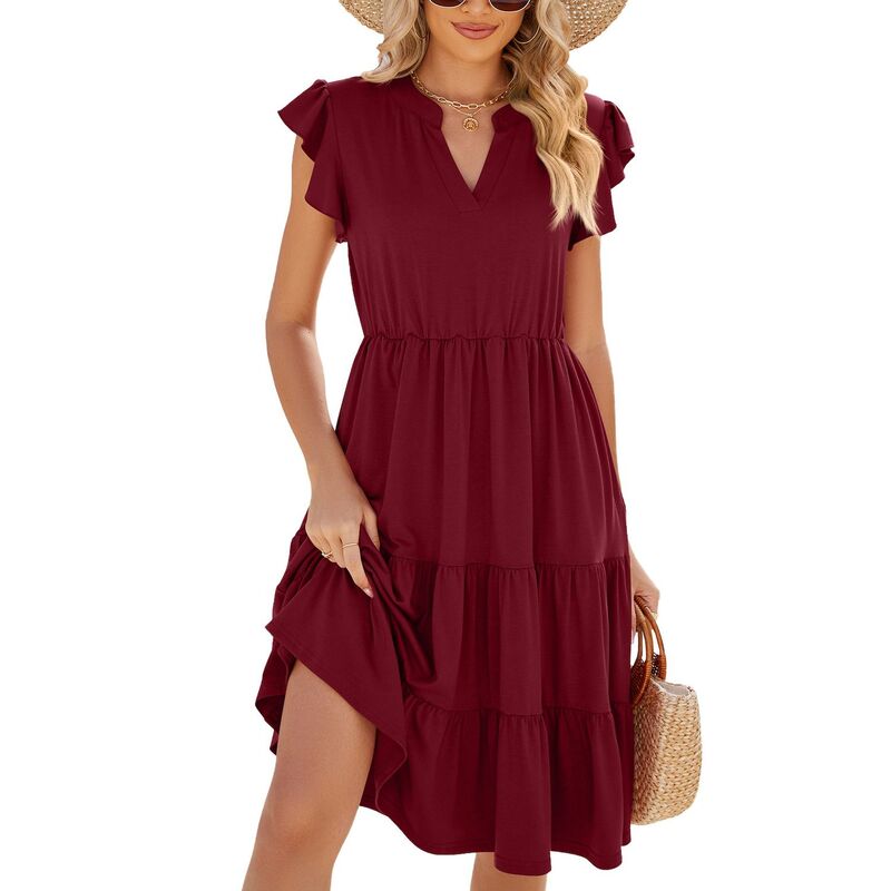 せつ然たる御花 レディース トップス 衣装 Vのど首 MIDI ClearFlower Women\u0027summer Midi Dresses V-Neck Flutter Sleeve Short Dress Claret