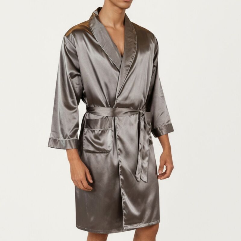 アンナカシ レディース アンダーお召しもの ナイト爵お召しもの 繻子 Anna-Kaci Men\u0027satin Robe with Shawl Collar Waistie and Front Pockets Gray 薄墨色