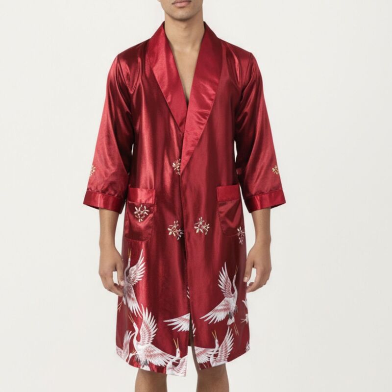 アンナカシ レディース アンダーお召しもの ナイト爵お召しもの 繻子 Anna-Kaci Men\u0027satin Robe with Shawl Collar Waistie and Front Pockets Red 赤いこと