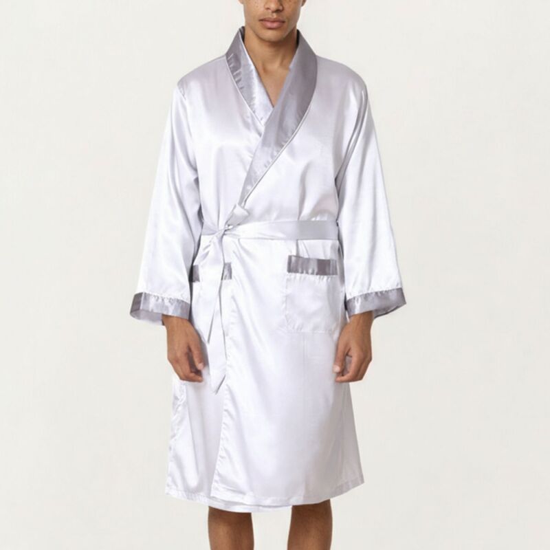 アンナカシ レディース アンダーお召しもの ナイト爵お召しもの 繻子 Anna-Kaci Men\u0027satin Robe with Shawl Collar Waistie and Front Pockets White 白いこと
