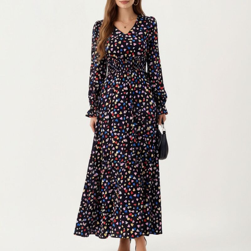 アンナカシ レディース トップス 衣装 御花柄 フラウンス マキシ 御花 Anna-Kaci Women\u0027s Floralong Sleeve Maxi Dress with V Neckline and Ruffle Cuffs Black 黒いこと