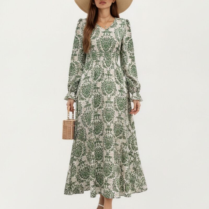 アンナカシ レディース トップス 衣装 御花柄 フラウンス マキシ 御花 Anna-Kaci Women\u0027s Floralong Sleeve Maxi Dress with V Neckline and Ruffle Cuffs Green 緑であること