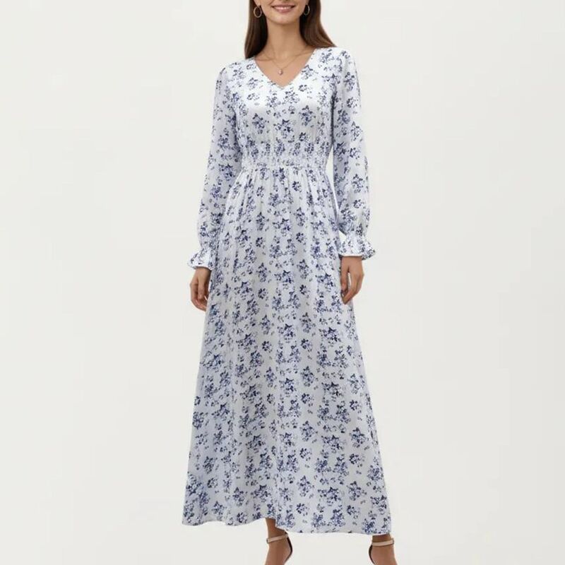 アンナカシ レディース トップス 衣装 御花柄 フラウンス マキシ 御花 Anna-Kaci Women\u0027s Floralong Sleeve Maxi Dress with V Neckline and Ruffle Cuffs White 白いこと