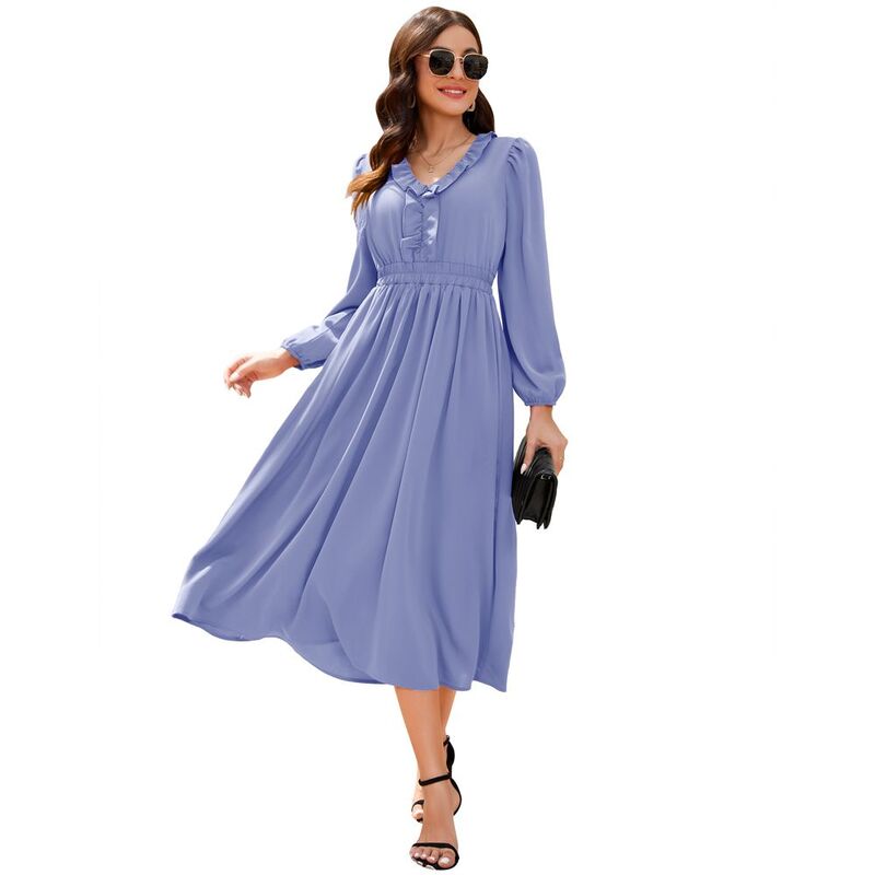 せつ然たる御花 レディース トップス 衣装 Vのど首 フラウンス MIDI シャーリング ClearFlower Women\u0027s Ruffled V-Neck Long Sleeve Smocked Waist Midi Dress Gray Blue 薄墨色