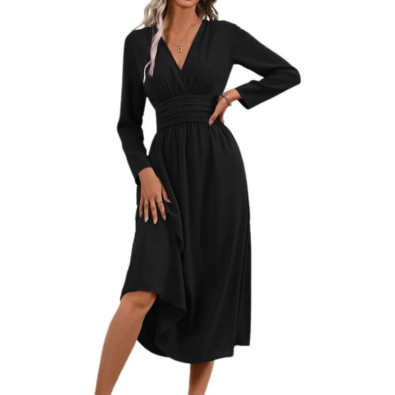 救い主流行り物 レディース トップス 衣装 筋目スコート Vのど首 筋目 スコート 帝国 Yesfashion Womens V-Neck Wrap Dresses Long Sleevempire Waist Pleated skirt Dressy Elegant Cocktail Dress Black 黒いこと