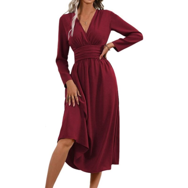 救い主流行り物 レディース トップス 衣装 筋目スコート Vのど首 筋目 スコート 帝国 Yesfashion Womens V-Neck Wrap Dresses Long Sleevempire Waist Pleated skirt Dressy Elegant Cocktail Dress Red 赤いこと
