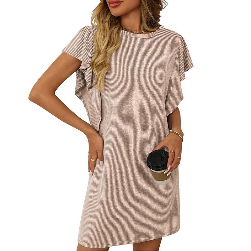 ジョイジョイ レディース トップス 衣装 フラウンス MIDI JoyJoy Women\u0027s Casual Block Thin Stripedress Twist Detail Ruffle Sleeve Midi Dress Daily Versatile Wear Apricot 杏
