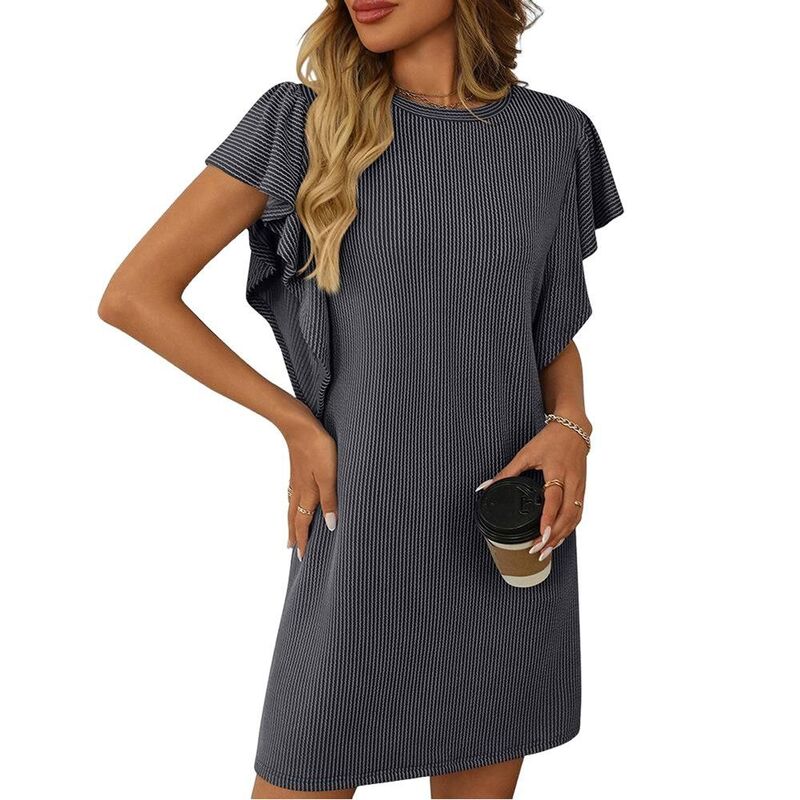 ジョイジョイ レディース トップス 衣装 フラウンス MIDI JoyJoy Women\u0027s Casual Block Thin Stripedress Twist Detail Ruffle Sleeve Midi Dress Daily Versatile Wear Dark Gray 薄墨色