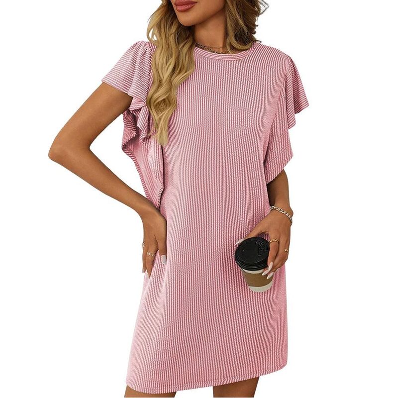 ジョイジョイ レディース トップス 衣装 フラウンス MIDI JoyJoy Women\u0027s Casual Block Thin Stripedress Twist Detail Ruffle Sleeve Midi Dress Daily Versatile Wear Light Pink サクラ色