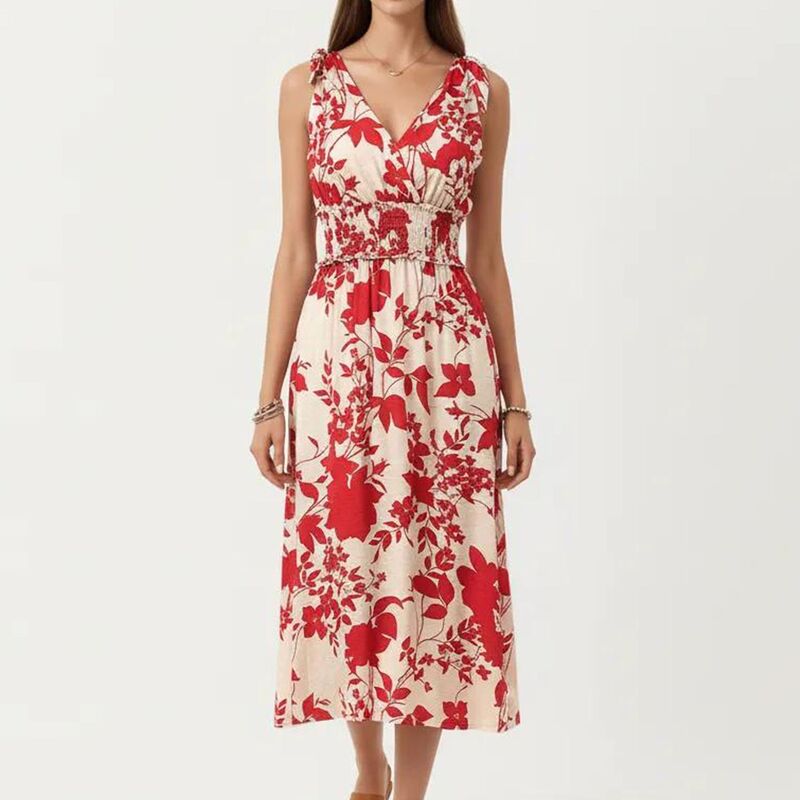 アンナカシ レディース トップス 衣装 Vのど首 MIDI スコート ノースリーブ シャーリング Anna-Kaci Women\u0027sleeveless V Neck Midi Dress with Smocked Waist and Flowing Skirt Red 赤いこと