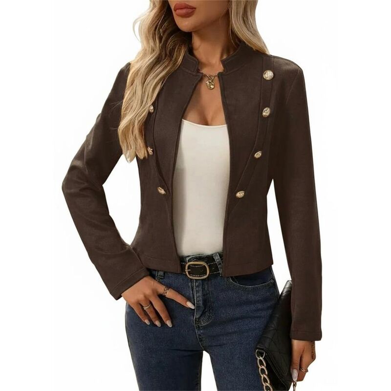 上半身大きさ レディース アウター 上衣・上衣 厚地の外套 BODDYSIZE Women\u0027s Casual Double-Breasted Jacket Solid Coloretro Long Sleeve Short Coat Brown 赤銅色