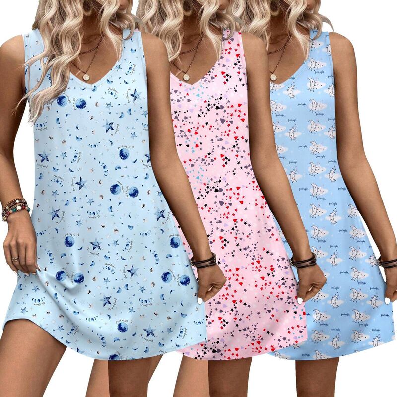 エコアー レディース アンダーお召しもの ナイト爵お召しもの プルオーバー ノースリーブ Ekouaer Three Pack Nightgowns of Women Tank Sleep Shirtsleeveless Nightshirt Casual Dresstar Moon Pentagram