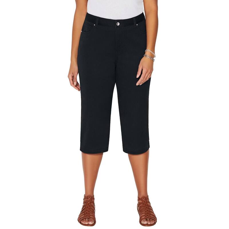 キャサリンズ レディース ボトムス カジュアルパンツ プラスサイズ Tシャツ キャップ Catherines Women's Plusize Sateen Stretch Capri Black ブラック|ReVida 店
