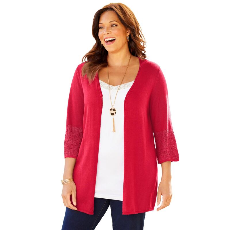 キャサリンズ レディース アウター ニット・セーター プラスサイズ カーディガン Catherines Women's Plusize Pointelle Accented Cardigan Vivid Red レッド|ReVida 店