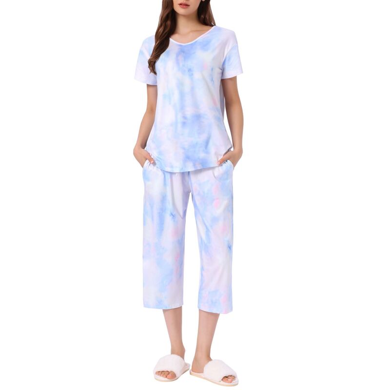 インスパイア 今めかしい レディース アンダーお召しもの ナイト爵お召しもの ズボン下 旗がしら INSPIRE CHIC Women Pajama Setie Dye Short Sleeve Capri Pants Lounge Sets with Pockets Blue Purple 青色