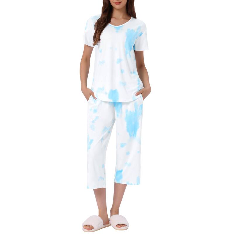 インスパイア 今めかしい レディース アンダーお召しもの ナイト爵お召しもの ズボン下 旗がしら INSPIRE CHIC Women Pajama Setie Dye Short Sleeve Capri Pants Lounge Sets with Pockets Blue White 白いこと