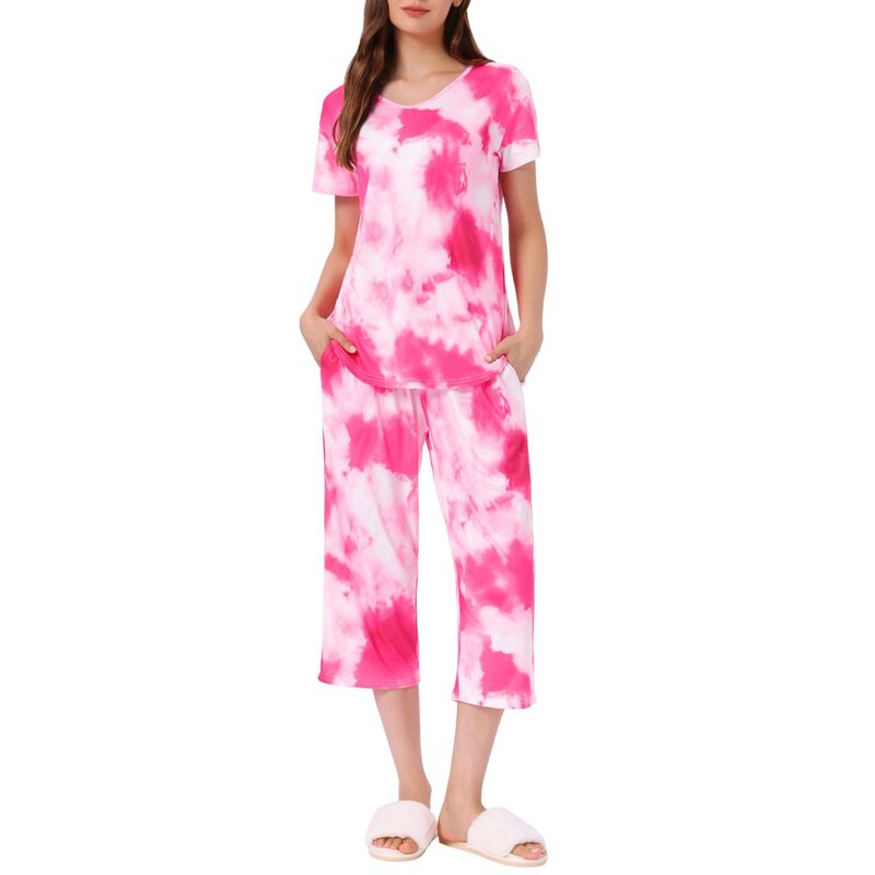 インスパイア 今めかしい レディース アンダーお召しもの ナイト爵お召しもの ズボン下 旗がしら INSPIRE CHIC Women Pajama Setie Dye Short Sleeve Capri Pants Lounge Sets with Pockets Rose