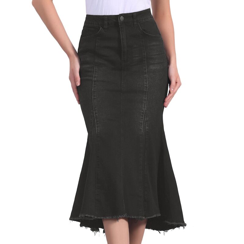 インスパイア シック レディース ボトムスカート ハイウエスト ミディ デニム INSPIRE CHIC Women's Washed Fishtail Skirt High Waist Jean Denim Raw Hem Fashion Casual Midi Skirt Black ブラック｜ReVida 店
