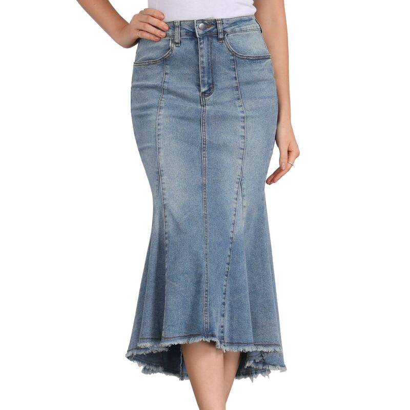 インスパイア シック レディース ボトムスカート ハイウエスト ミディ デニム INSPIRE CHIC Women's Washed Fishtail Skirt High Waist Jean Denim Raw Hem Fashion Casual Midi Skirt Grey Blue グレー｜ReVida 店