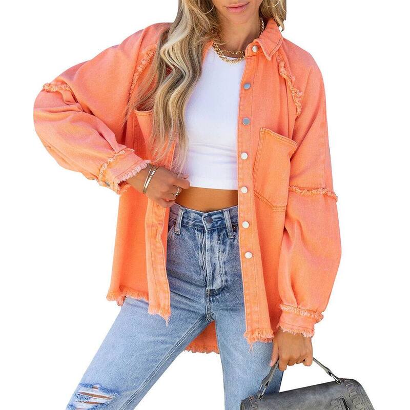 救い主流行り物 レディース アウター 上衣・上衣 厚地の外套 ジーンズ Yesfashion Womens Oversizedenim Jacket Frayed Hem Button Front Boyfriend Coat Western Shacket with Pockets Orange オレンジ色